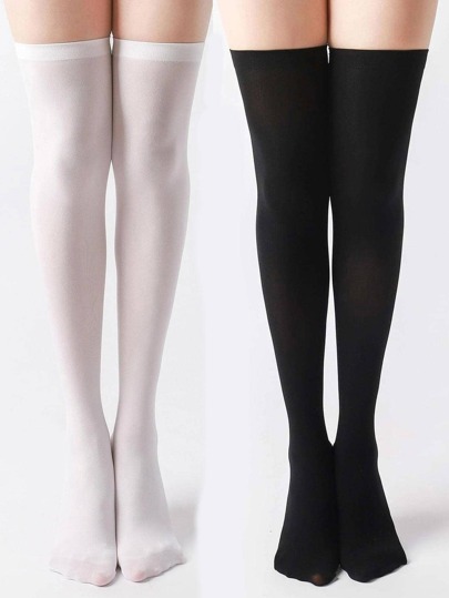 1/2 paires de bas hauts noirs/blancs unicolore pour femmes