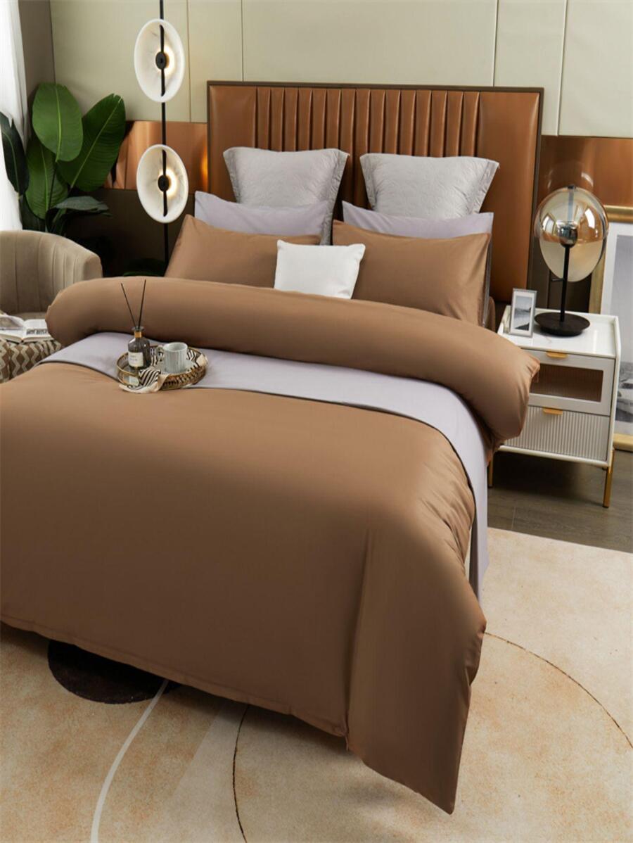3入組/套素色被套套裝極簡織物床上用品 - 咖啡棕 - 查看 1
