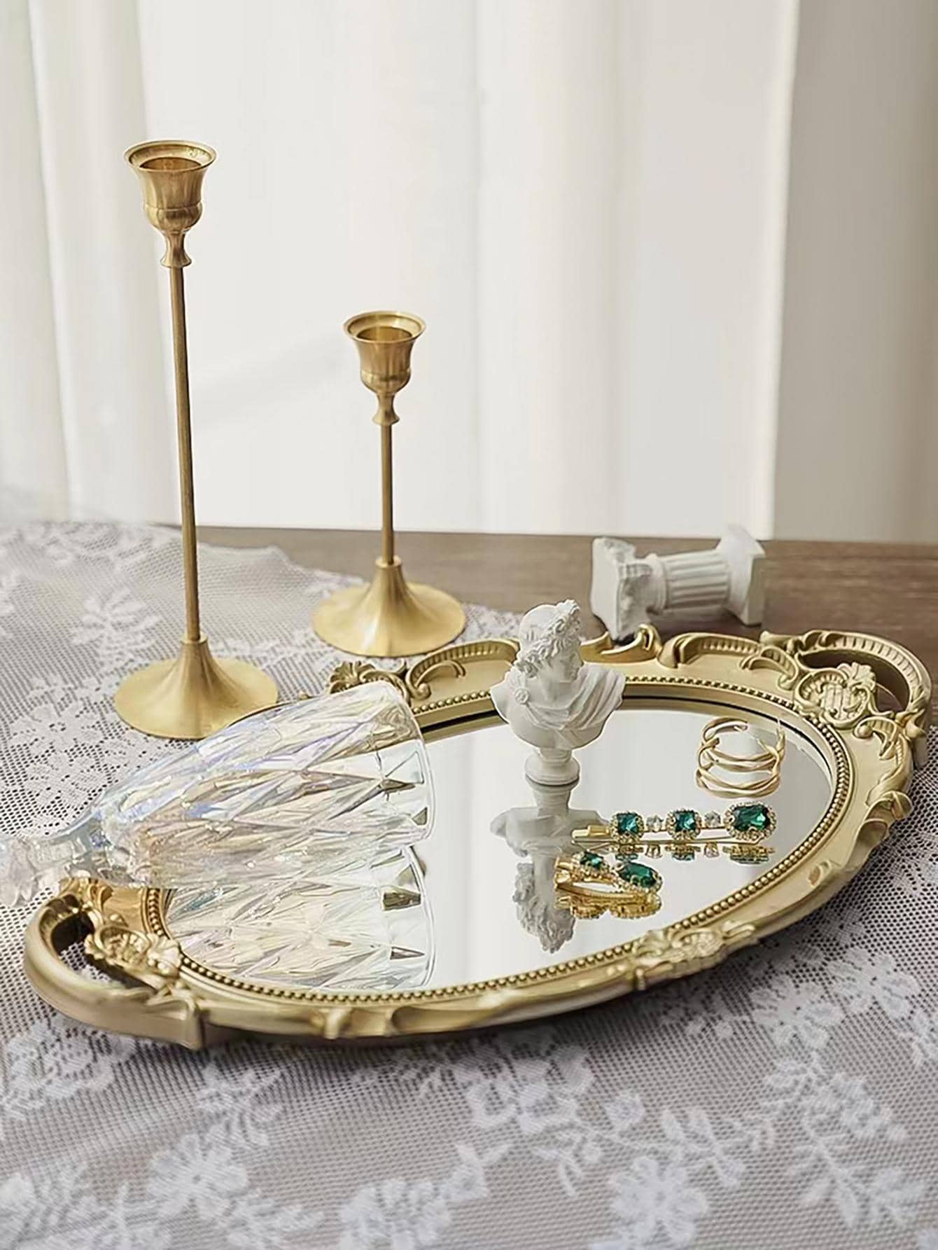 1pc Plastic Tray, Vintage Design Snack Tray For Home - Gold - View 1
