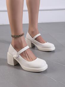 Women Faux Pearl Decor Chunky Heeled Mary Jane Pumps, Elegant Outdoor Pumps