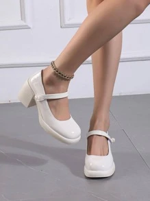 Women Faux Pearl Decor Chunky Heeled Mary Jane Pumps, Elegant Outdoor Pumps