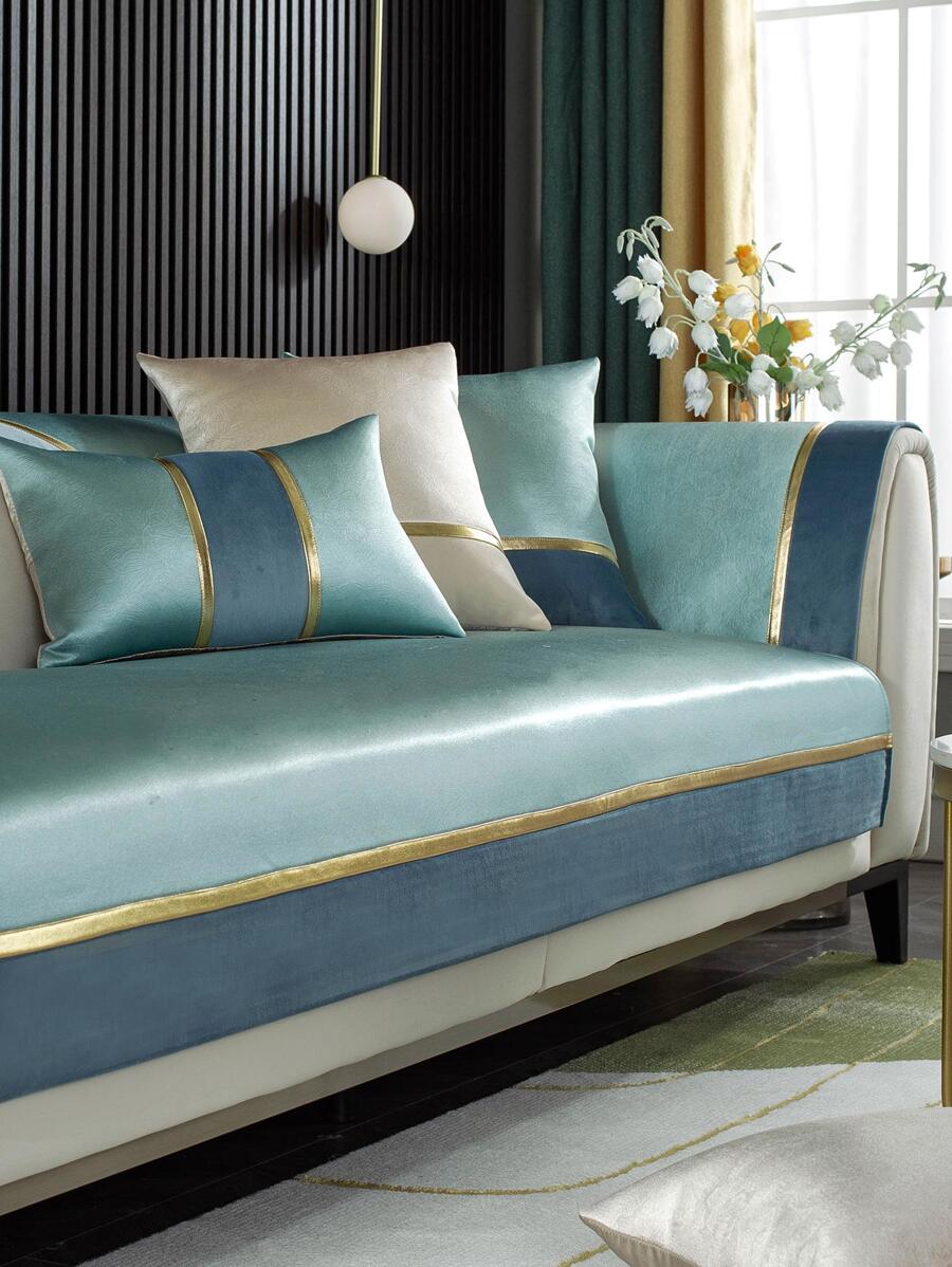 1pc Color Block Sofa Towel, Modern Polyester Sofa Cover Blanket For Home - Green - View 1