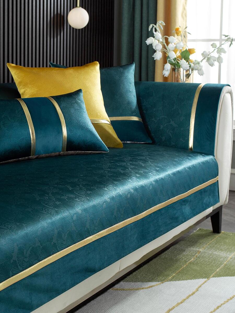 1入組提花細節沙發巾，現代滌綸沙發套毛毯，適合家用 - 墨綠色 - 查看 1