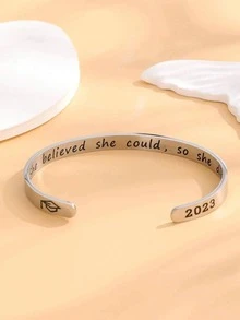 1Pc Fashionable Birthday Year Number & Slogan Graphic Cuff Bangle For Women For Gift For A Stylish Look For Party - Silver - View 3