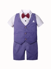 小男童前蝴蝶結襯衫和夾克背心和短褲 - 彩色 - 查看 3