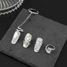 4入组/套時尚幾何設計戒指適合女士日常裝飾 - 藍色 - 查看 4