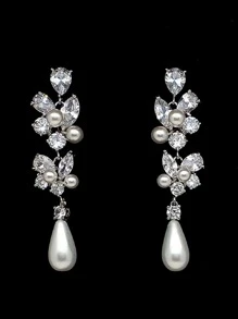 Đồ trang trí Rhinestone & Faux Pearl  Thả hoa tai - Bạc - Xem 3