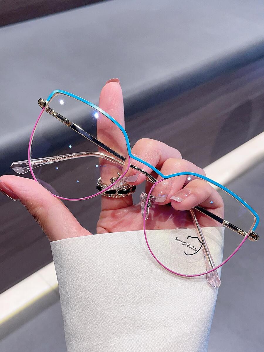 1 件女士优雅不锈钢猫眼双桥飞行员镜框复古时尚透明镜片眼镜 - 彩色 - 查看 1