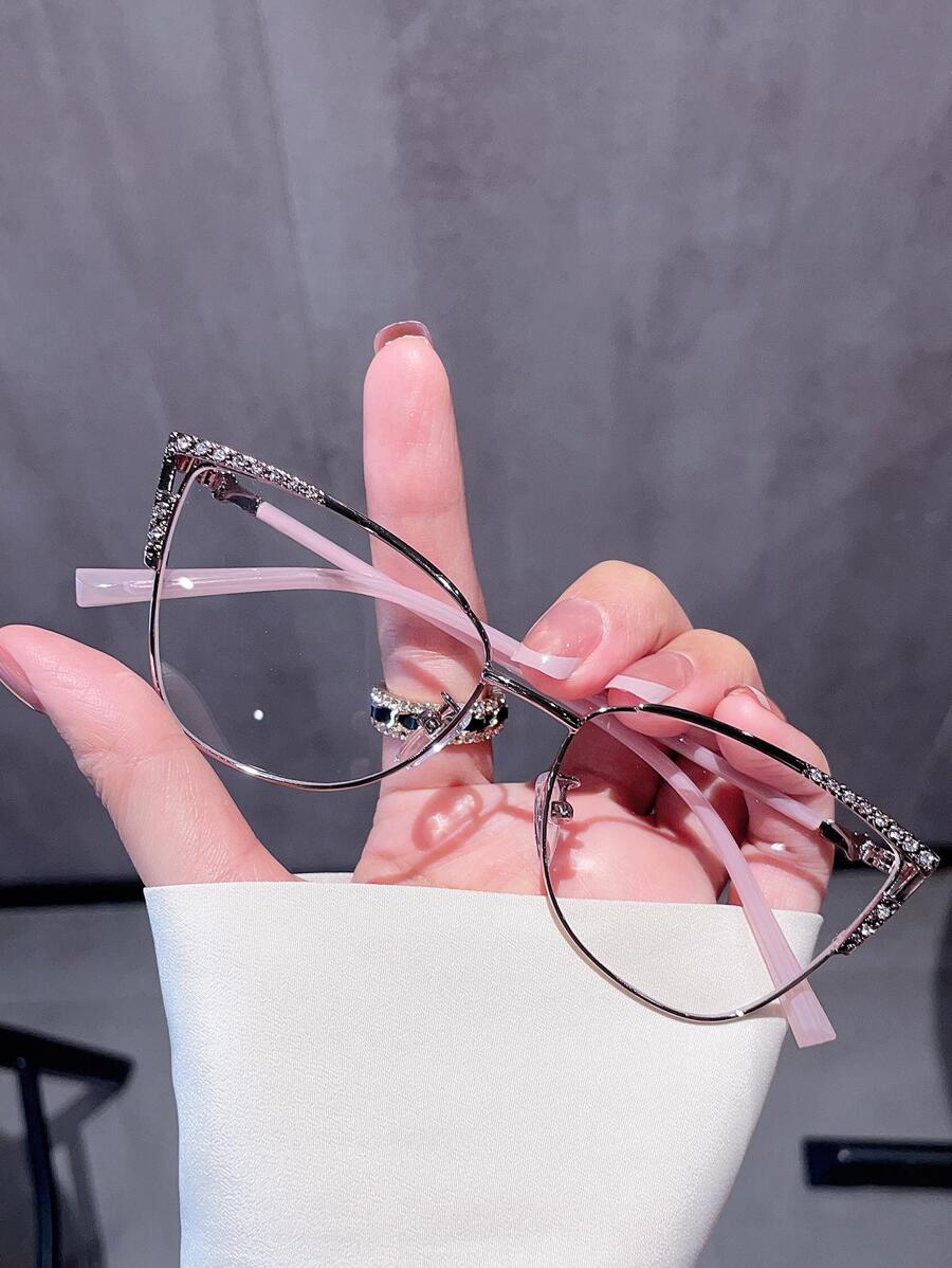 1pc Stainless Steel Cat Eye Rhinestone Hollow Frame, Vintage Spring Feet Fit All Face Shapes, Clear Lens Glasses - Pink - View 1
