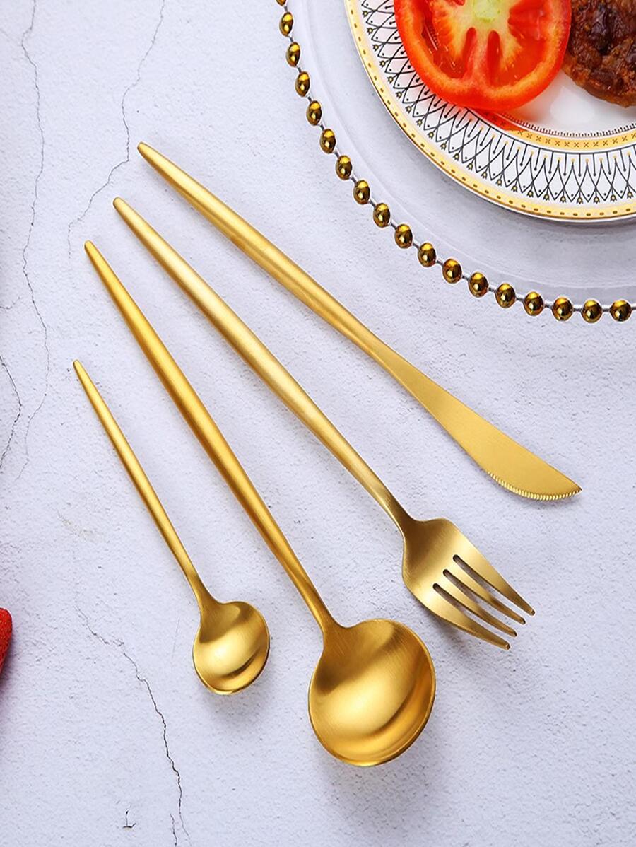 4pcs Stainless Steel Cutlery Set, Minimalist Golden Flatware Set For Hotel - Gold - View 1