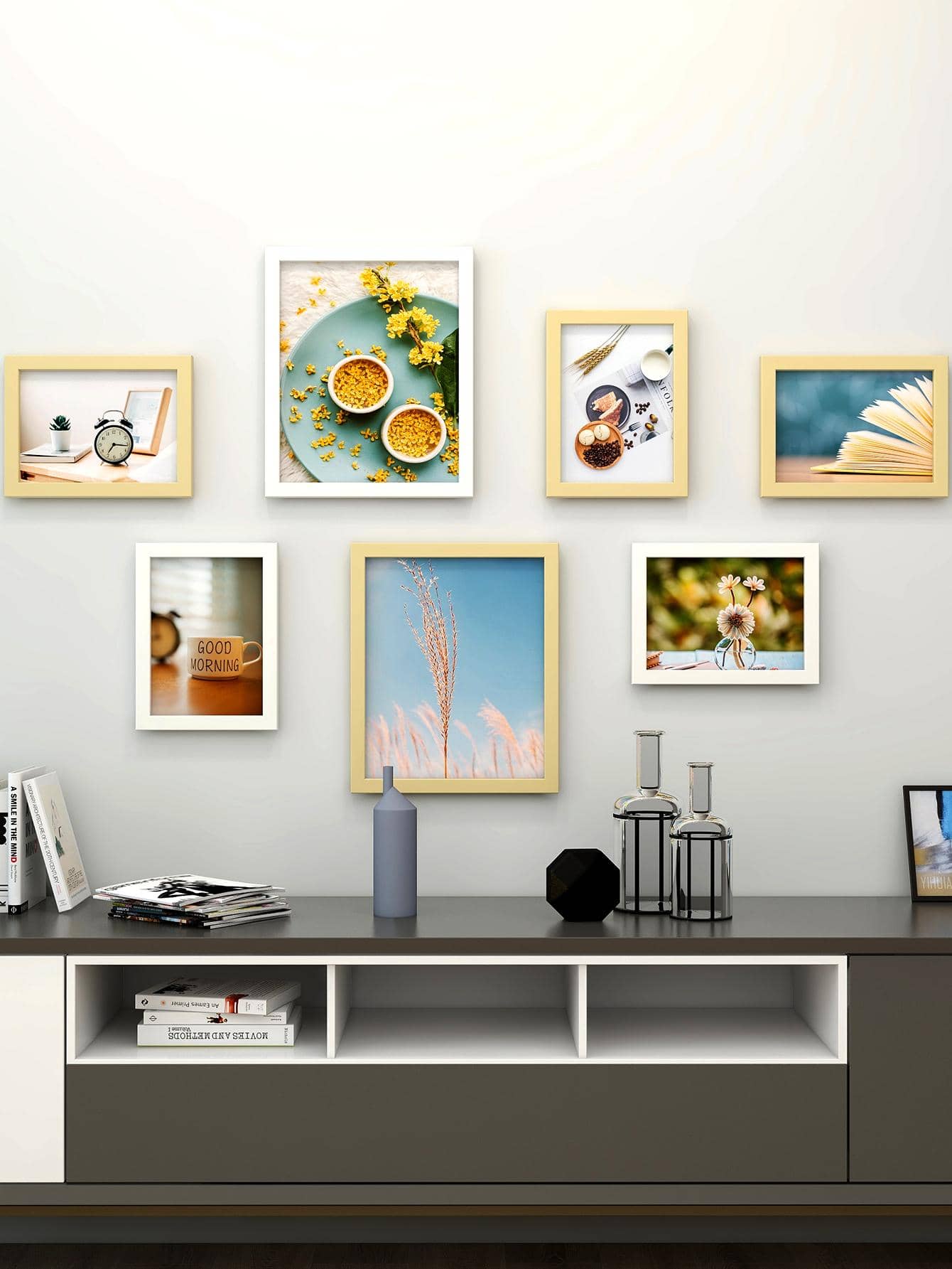 Pared fotográfica creativa y minimalista con 7 marcos decorativos para dormitorio, sala de estar y oficina sin taladrar - Amarillo - Ver 1