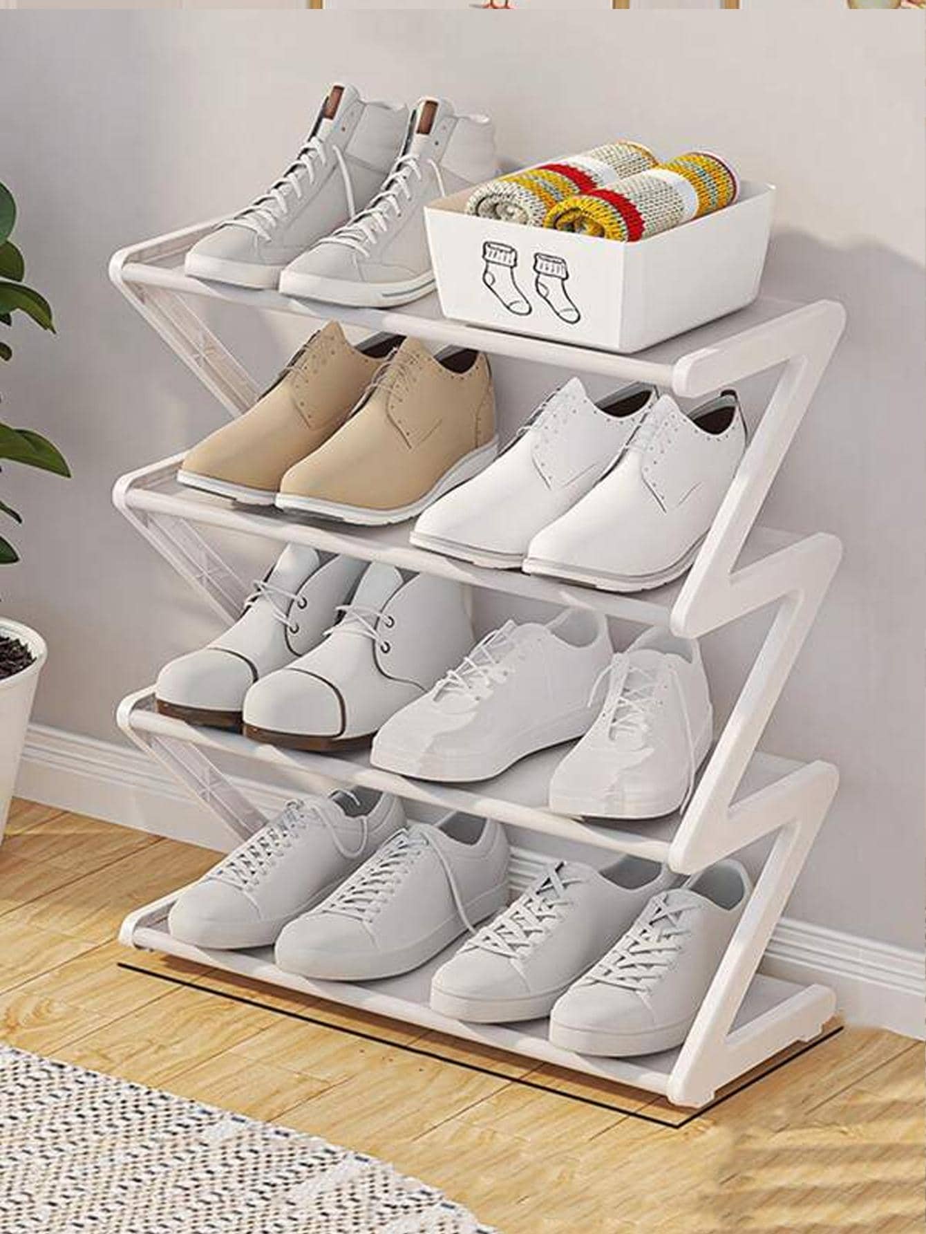 1入組鐵鞋收納極簡素色多層鞋架子適用於地面 - 白色 - 查看 1