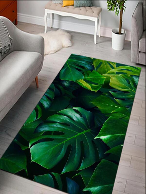 1pc Tropical Leaf Print Anti-slip Rug, Modern Polyester Floor Carpet For Living Room
