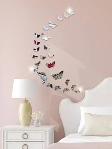 24入組/套PMMA壁鏡瓷磚，現代蝴蝶形家居鏡牆貼紙 - 銀色 - 查看 6