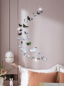 24入組/套PMMA壁鏡瓷磚，現代蝴蝶形家居鏡牆貼紙 - 銀色 - 查看 3