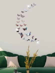 24入組/套PMMA壁鏡瓷磚，現代蝴蝶形家居鏡牆貼紙 - 銀色 - 查看 2