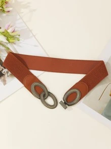 女性3紋理質感橢圓形搭扣復古鬆緊腰帶適用於衣物裝飾 - 棕色 - 查看 3