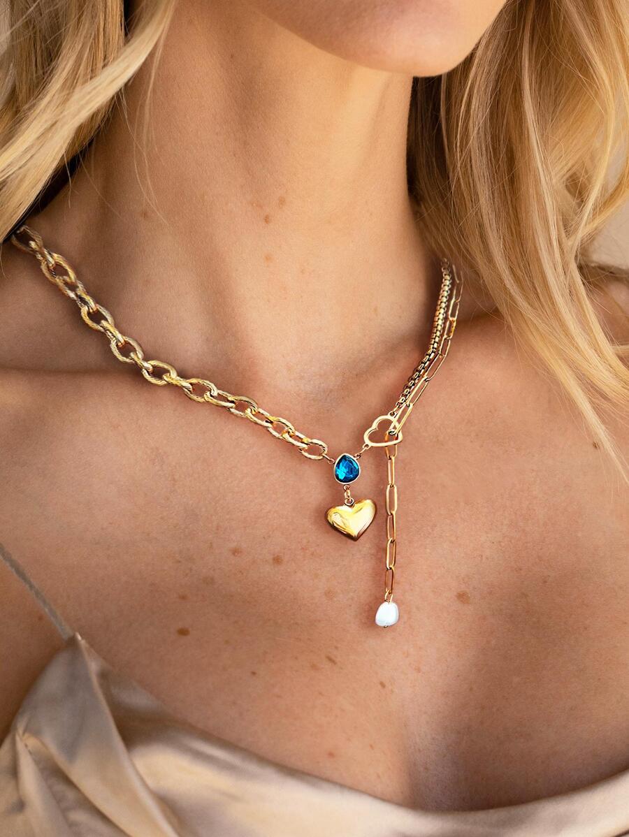 Vòng cổ xếp lớp ngọc trai giả & trái tim quyến rũ - Màu xanh nhạt - Xem 1