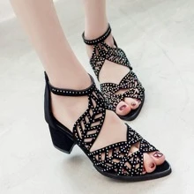 Giày sandal quai mảnh đính đá đen thanh lịch cho nữ, mũi nhọn thời trang dự tiệc ngoài trời, dép đi biển có khóa kéo sau, dép sandal phong cách La Mã gợi cảm - màu đen - Xem 1