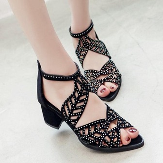 Women's Black Rhinestone Elegant Strap Sandals, Pointed Toe Fashion Outdoor Party Style, Back Zipper Beach Sandals, Sexy Roman Style Sandals