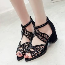 Giày sandal quai mảnh đính đá đen thanh lịch cho nữ, mũi nhọn thời trang dự tiệc ngoài trời, dép đi biển có khóa kéo sau, dép sandal phong cách La Mã gợi cảm - màu đen - Xem 3