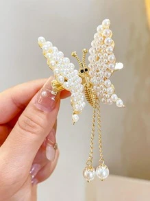 1入組女士珍珠蝴蝶裝飾優雅鴨嘴夾適用於頭髮裝飾用品 - 白色 - 查看 1