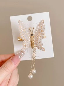 1入組女士珍珠蝴蝶裝飾優雅鴨嘴夾適用於頭髮裝飾用品 - 白色 - 查看 2