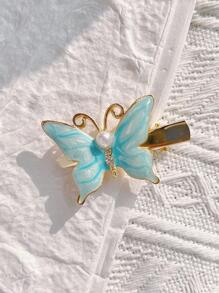 1入組女士珍珠和蝴蝶裝飾時尚鴨嘴夾適用於頭髮裝飾用品 - 藍色 - 查看 4