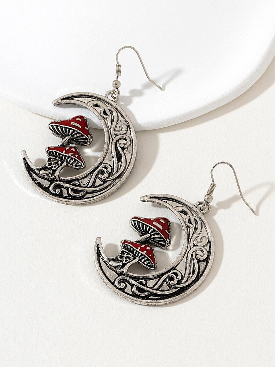 1雙龐克鋅合金蘑菇和新月裝飾耳墜適合女士適用於朋友們禮品 - 復古銀色 - 查看 1