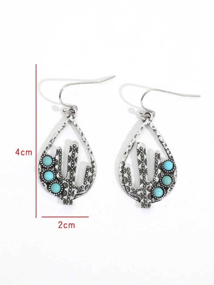 Pendientes largos con diseño de turquesa cactus - Plateado - Añade 4
