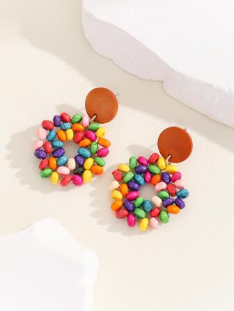 Wooden Beaded Round Drop Earrings