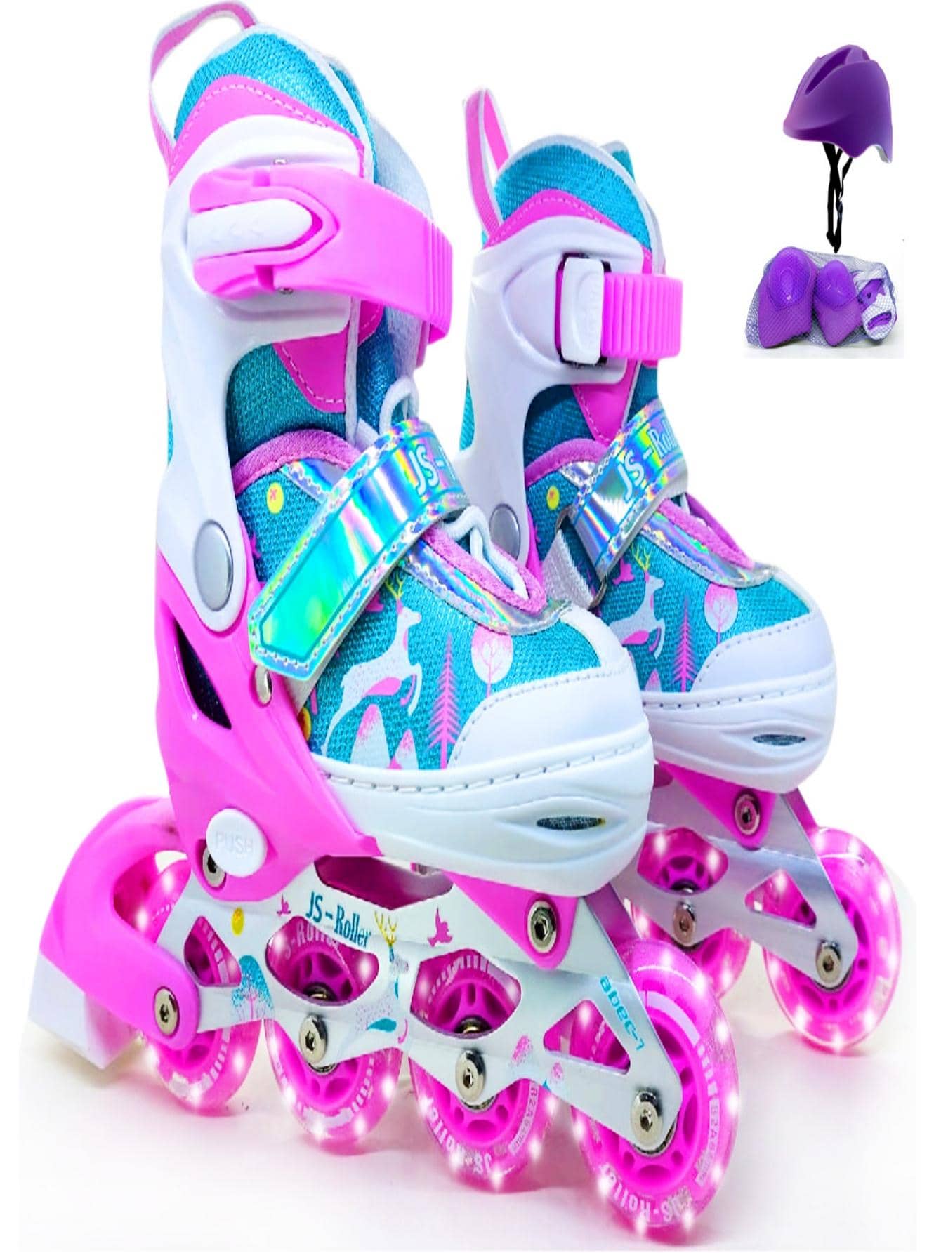 JS Roller Patines en linea ajustables para niña con equipo de protecciones morado - Rosa - Ver 1