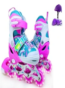 JS Roller Patines en linea ajustables para niña con equipo de protecciones morado - Rosa - Ver 2
