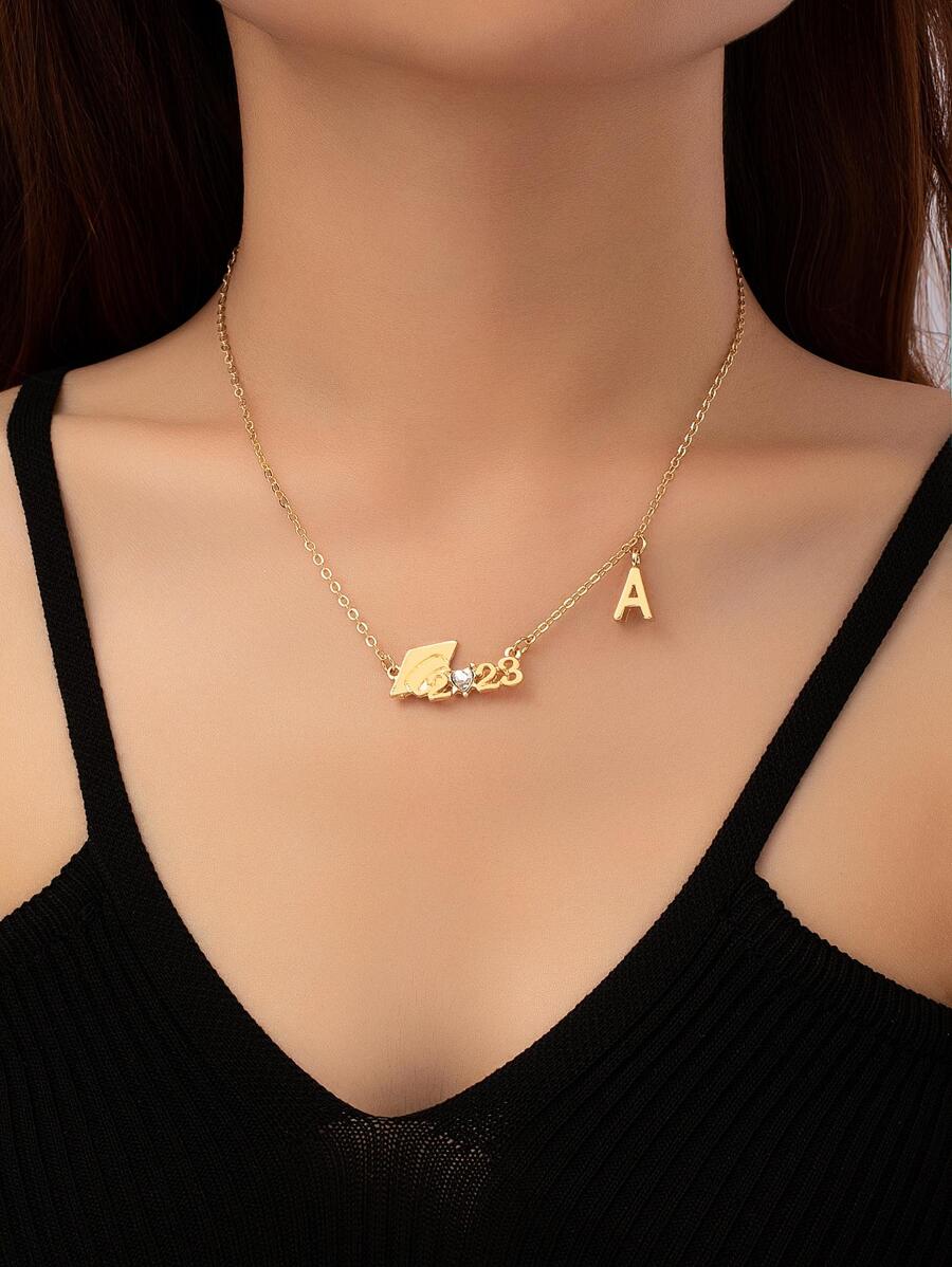 Birthday Year Number & Letter Decor Necklace - Yellow Gold - View 1