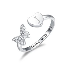 Anillo abierto zirconia cúbica con diseño de mariposa y corazón plata esterlina - J - Ver 1
