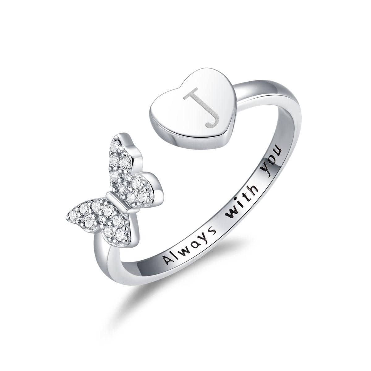 Anillo abierto zirconia cúbica con diseño de mariposa y corazón plata esterlina - J - Ver 1