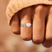 Anillo abierto zirconia cúbica con diseño de mariposa y corazón plata esterlina - J - Ver 2