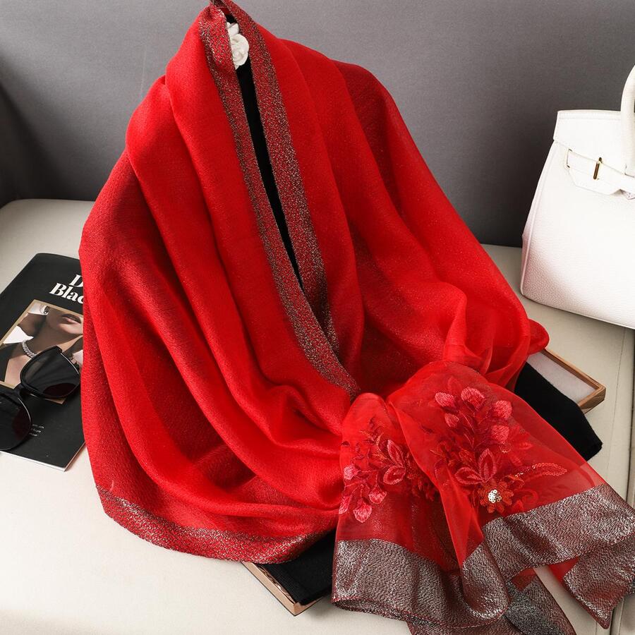 Floral Embroidered Scarf - Red - View 1