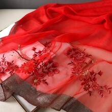 Floral Embroidered Scarf - Red - View 4