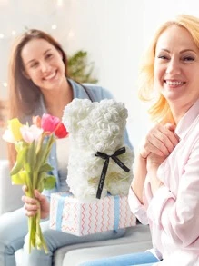 1入組人造玫瑰熊女士禮品,浪漫可愛玫瑰絨毛熊,生日或者母親節禮品(不附帶禮物盒) - 米色 - 查看 7