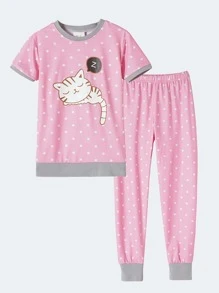 Girls Polka Dot & Cartoon Graphic Contrast Trim Snug Fit PJ Set - Pink - View 1