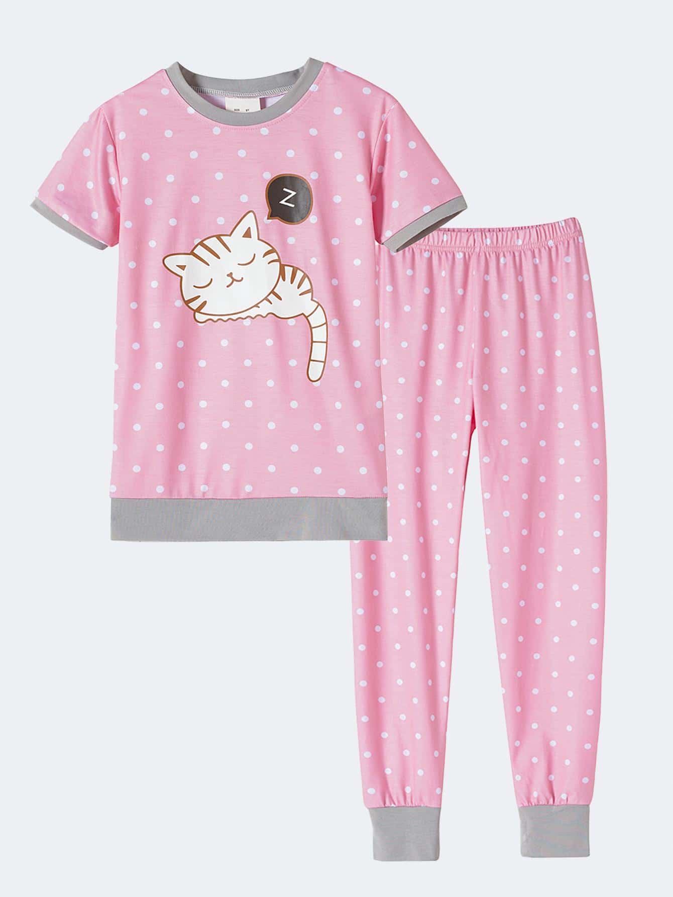 Girls Polka Dot & Cartoon Graphic Contrast Trim Snug Fit PJ Set - Pink - View 1