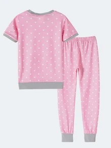 Girls Polka Dot & Cartoon Graphic Contrast Trim Snug Fit PJ Set - Pink - View 2
