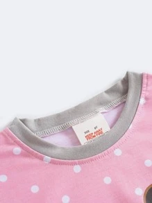 Girls Polka Dot & Cartoon Graphic Contrast Trim Snug Fit PJ Set - Pink - View 3
