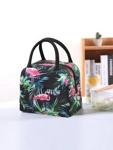 1pc Flamingo Pattern Portable Lunch Bag, Modern Polyester Insulated Lunch Bag For Office Work School Picnic Beach - Black - View 4
