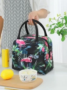 1pc Flamingo Pattern Portable Lunch Bag, Modern Polyester Insulated Lunch Bag For Office Work School Picnic Beach - Black - View 3