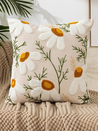 1入組無填充物花卉刺繡靠墊套，現代帆布裝飾抱枕套，適用於客廳，家居裝飾