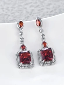 Bông tai thả hình học trang trí bằng đá khối Zirconia - Màu Đỏ Sâu - Xem 1