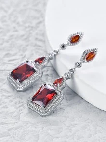 Bông tai thả hình học trang trí bằng đá khối Zirconia - Màu Đỏ Sâu - Xem 2