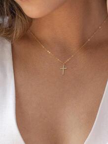 1pc Elegant Minimalist Women's 14K Gold Plated Micro-Inlaid Zirconia Cross Pendant Necklace - main image - View 4